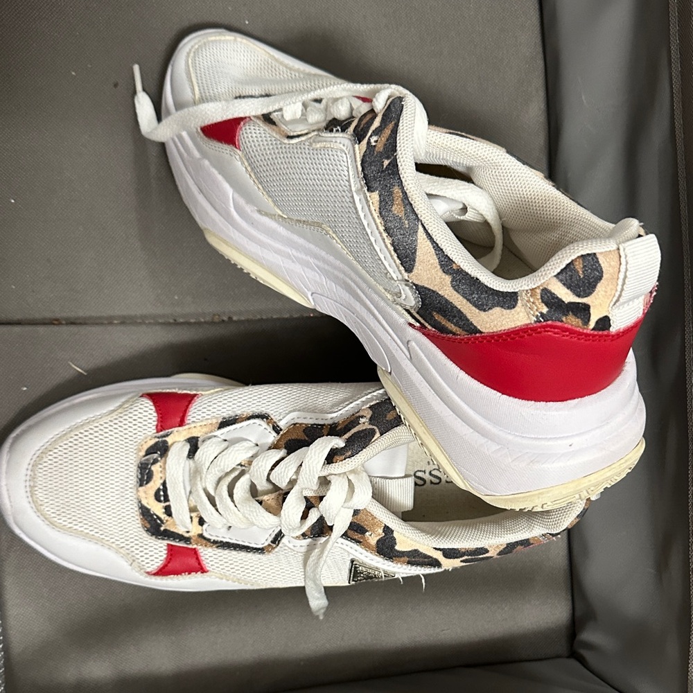 Guess White and Red Sneakers with Leopard Print